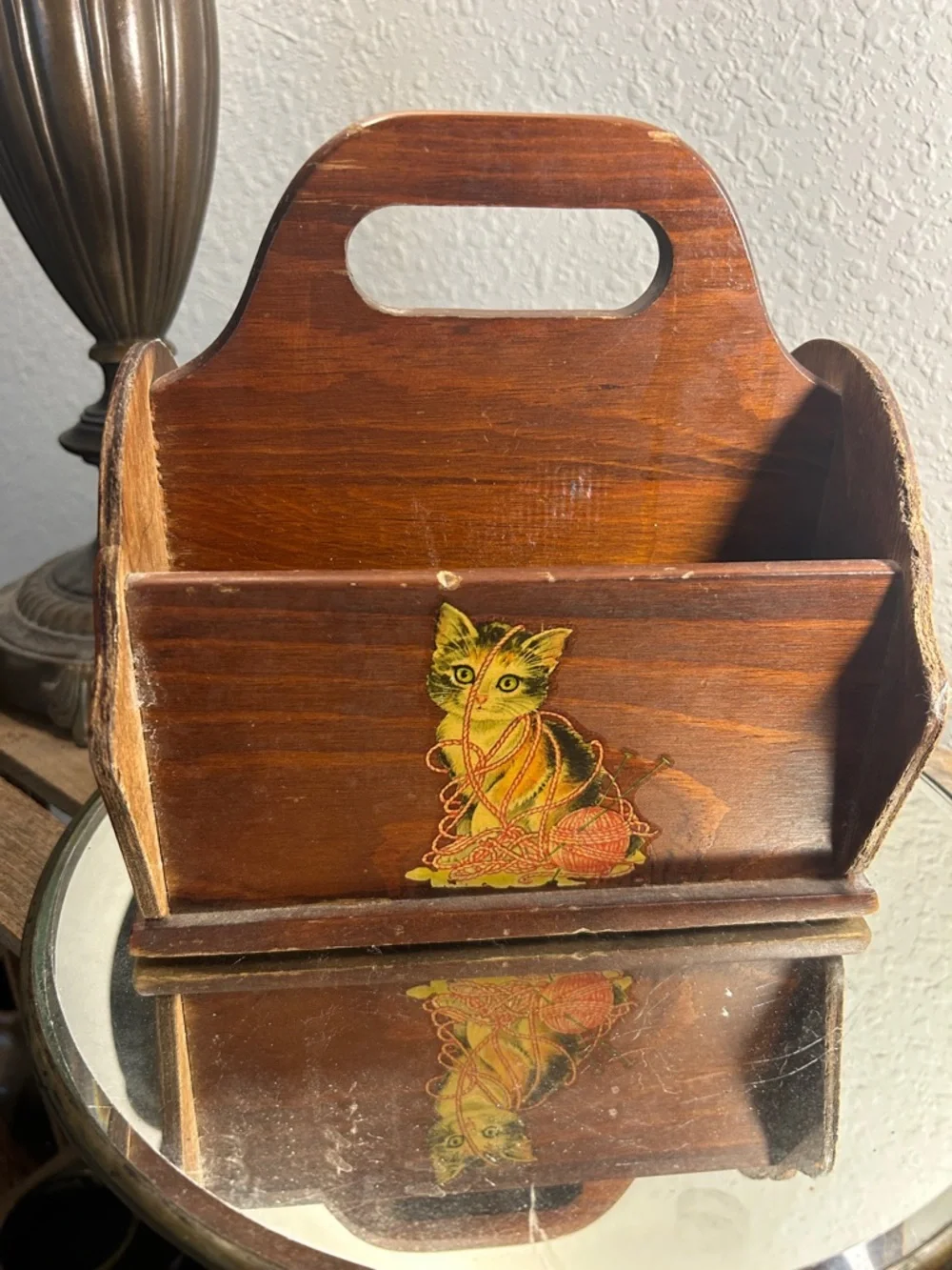 Vintage-Style Brown Wooden Cat Caddy with Yellow Kitten Decals Cute Core